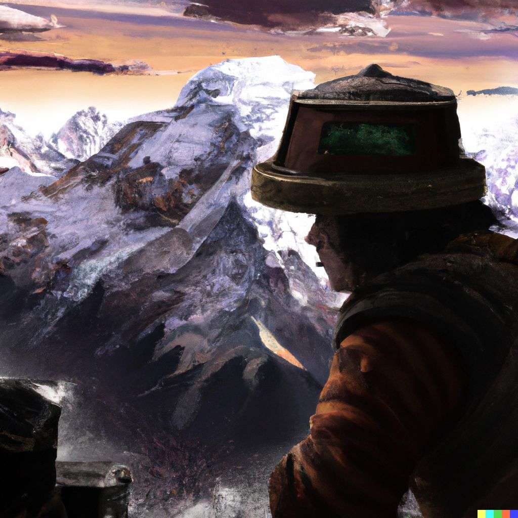 someone gazing at Mount Everest, digital art, steampunk